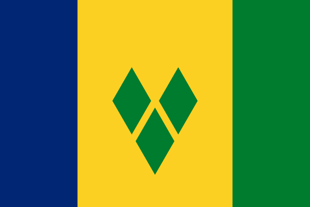 Flag of Saint Vincent and the Grenadines with three vertical stripes in blue, yellow, and green, and three green diamonds arranged in a V pattern in the center.