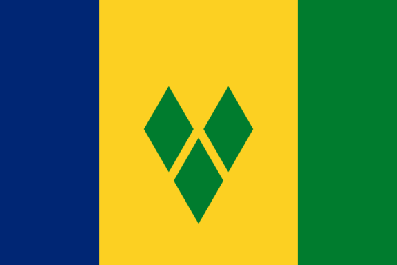 Flag of Saint Vincent and the Grenadines with three vertical stripes in blue, yellow, and green, and three green diamonds arranged in a V pattern in the center.