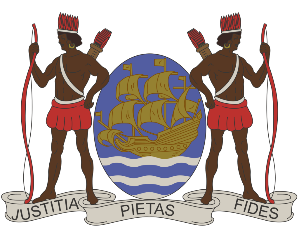 Coat of arms of Suriname featuring a shield with a sailing ship, flanked by two indigenous figures, with a banner below inscribed with "Justitia - Pietas - Fides".