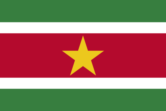 Flag of Suriname with horizontal bands of green, white, red, white, and green with a yellow five-pointed star in the center of the red band.