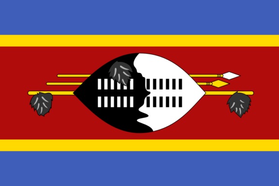 Flag of Eswatini (Swaziland) with horizontal blue, yellow, and red stripes and a black and white shield with spears and a staff in the center.