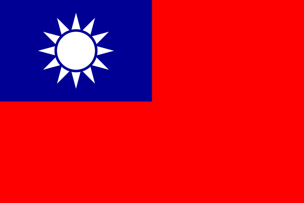 Flag of Taiwan with a red field and a blue rectangle in the top-left corner containing a white sun with twelve triangular rays.