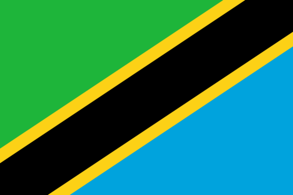 Flag of Tanzania with a green triangle on the top left and a blue triangle on the bottom right, separated by a black diagonal band edged in yellow.