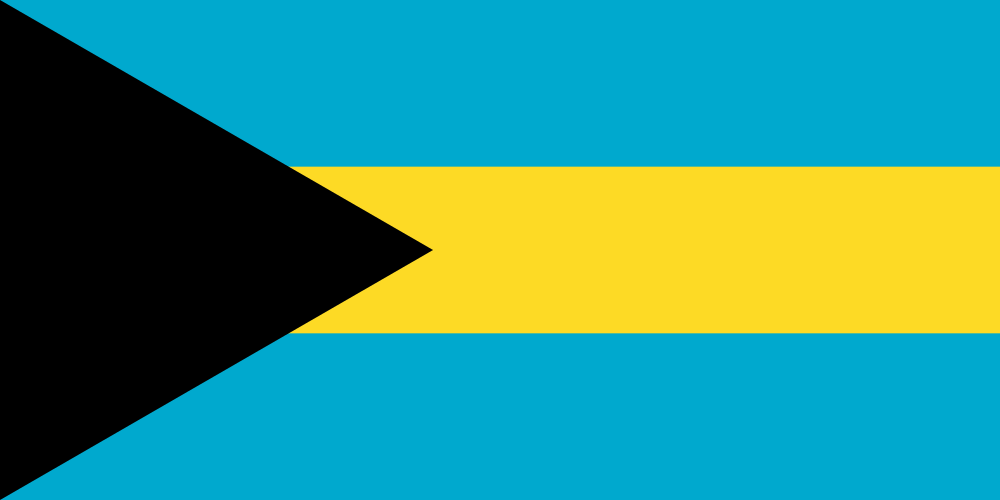 Flag of the Bahamas featuring a black equilateral triangle against a horizontal triband of aquamarine, gold, and aquamarine.