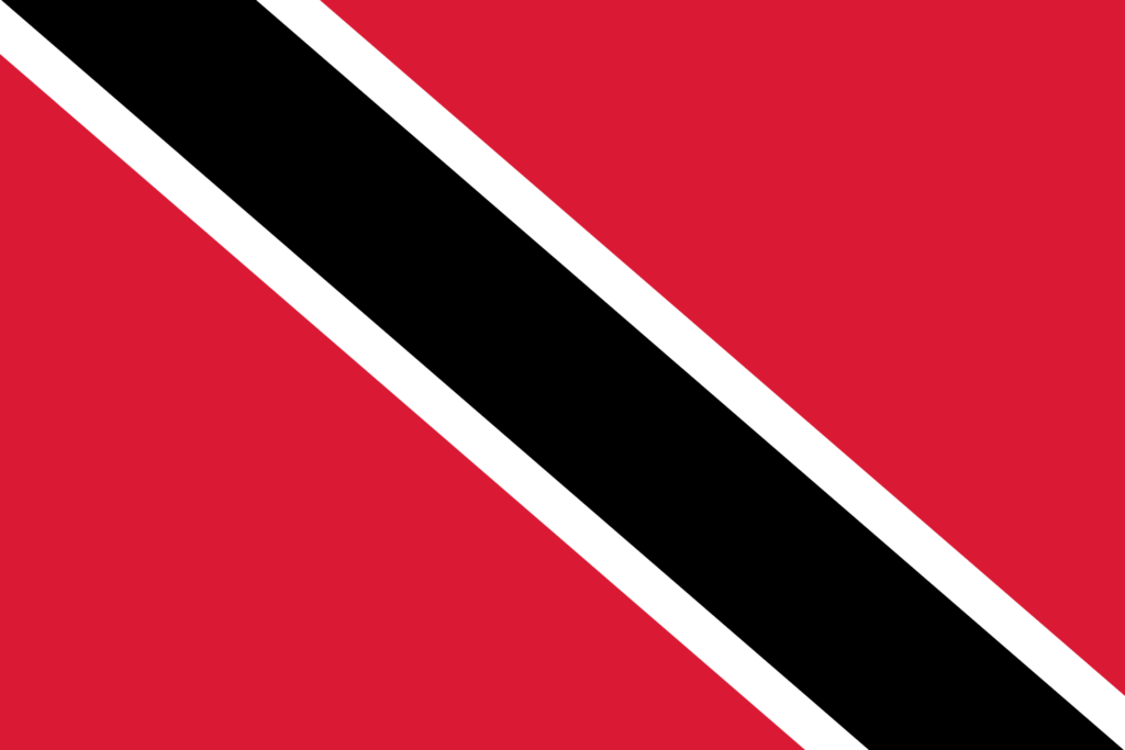 Flag of Trinidad and Tobago with a black diagonal stripe bordered by white on a red background.