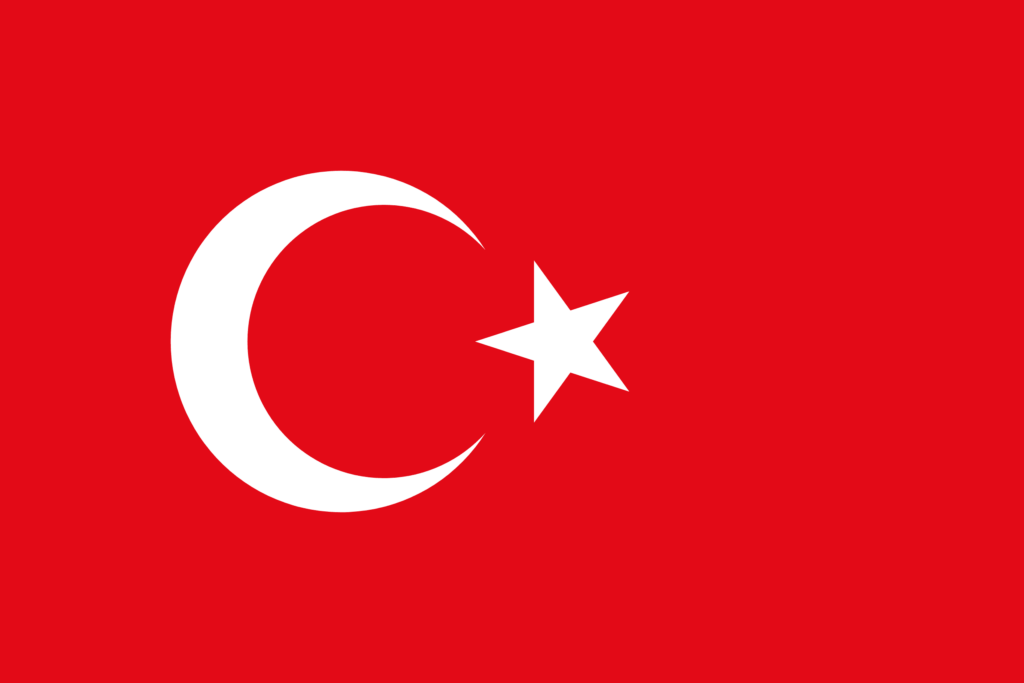 Flag of Turkey with a white star and crescent on a red background.