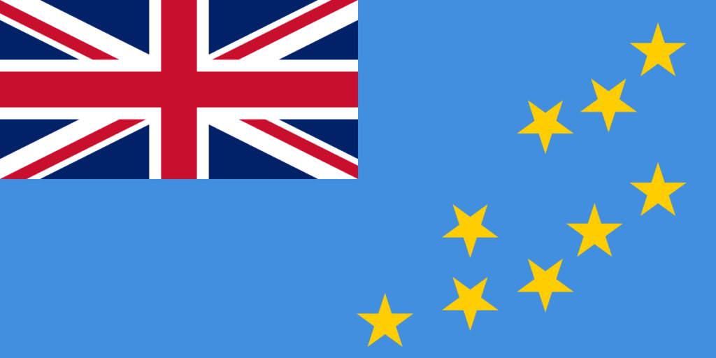 Flag of Tuvalu with a light blue field, the Union Jack in the top left corner, and nine yellow stars on the right.