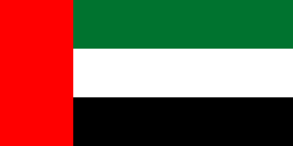 Flag of the United Arab Emirates with horizontal stripes of green, white, and black, and a vertical red stripe at the hoist.