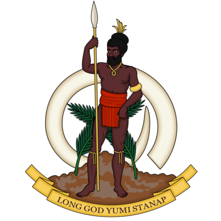 Coat of arms of Vanuatu featuring a Melanesian warrior holding a spear, standing before a tusk circle with crossed namele leaves, above a scroll with the motto "Long God yumi stanap."