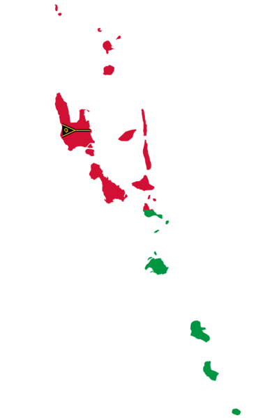 Map of Vanuatu with the national flag overlay on the country's outline.