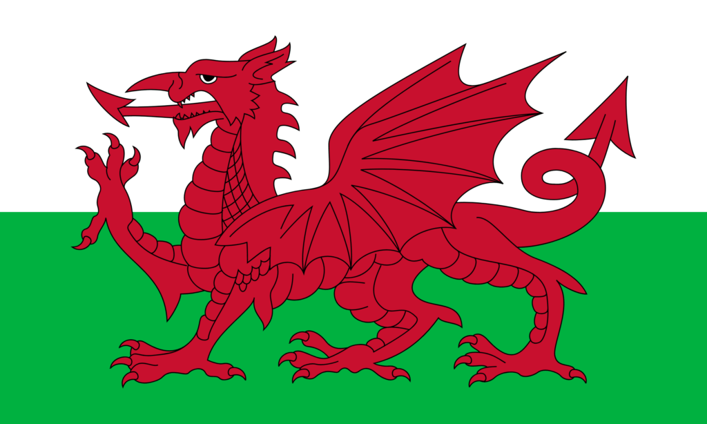 Flag of Wales featuring a red dragon on a green and white field.