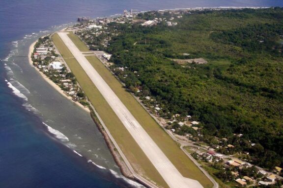 Aerial View of Coastal Runway Yaren from Above, revealing the compact nature of the town