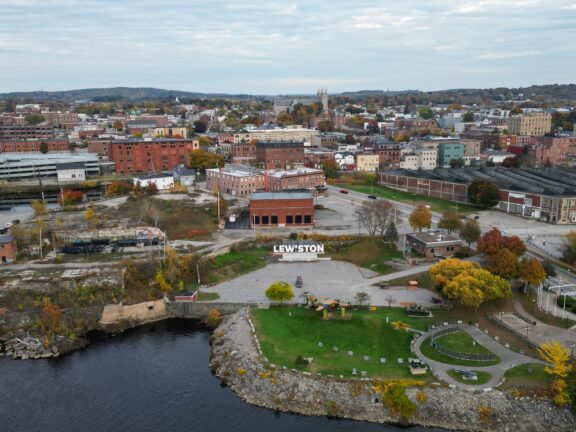 An aerial view of Lewiston, Maine on a cloudy day.