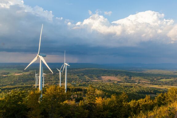 Wind turbines are surrounded by trees on Mars Hill in Maine’s Aroostook County.