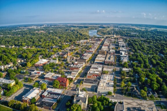 An aerial view of Lawrence, Kansas on a clear day.