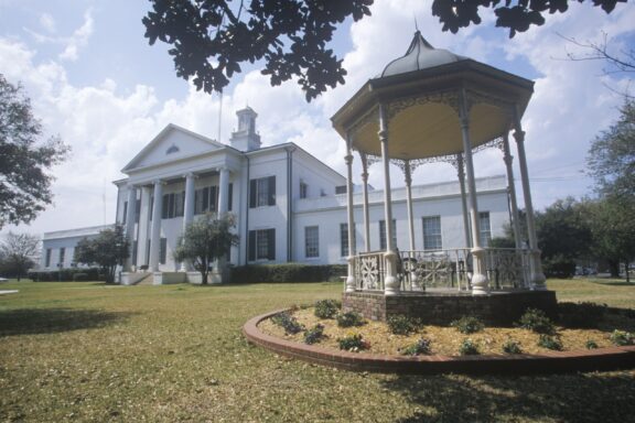 A gazebo stands in front of City Hall in Lake Providence, Louisiana.