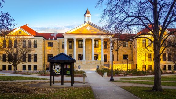 A view of the façade of the Picken Hall building at Fort Hays University.