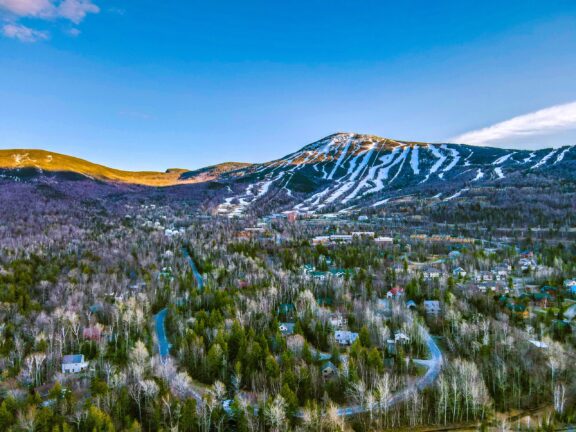 A view of trees and snow on Sugarloaf Mountain from Carrabassett Valley in Franklin County, Maine.