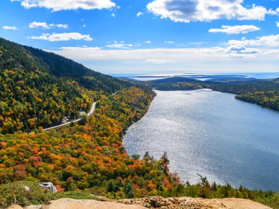 An aerial view of tree-covered hills next to bodies of water on a sunny autumn day in Acadia National Park, Maine.