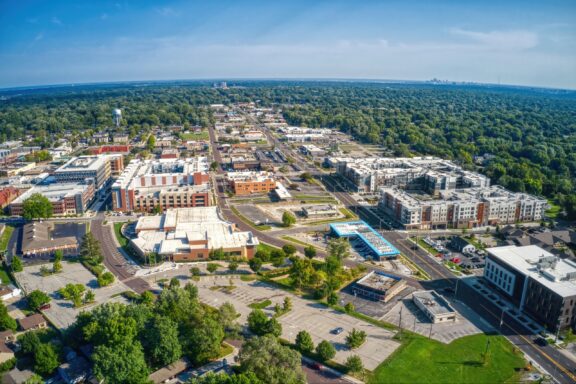 An aerial view of Overland Park and the surrounding trees in Johnson County, Kansas.