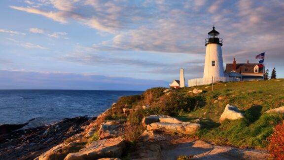 The Pemaquid Point Lighthouse looks out over the ocean in Lincoln County, Maine.