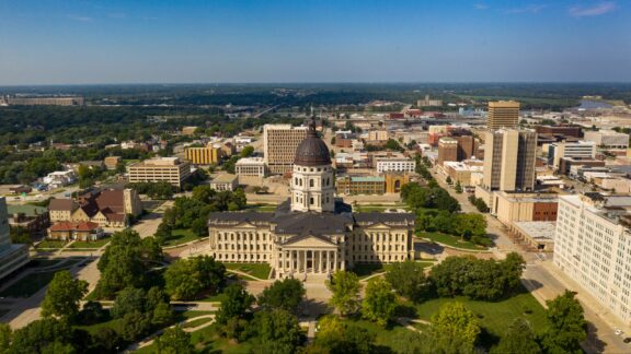 An aerial view of the Capitol Building in Topeka, Kansas.