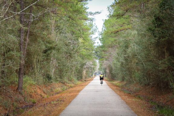 A cyclist rides along the tree-lined Tammany Trace Bike Trail.