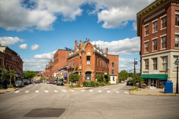 A street-level view of an intersection in Belfast, Maine.