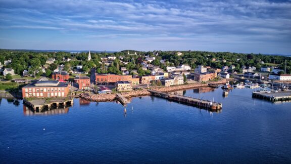 An aerial view of the water and Eastport, Maine.