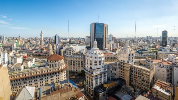 Aerial Panoramic View of Downtown Buenos Aires A view of the skyline in downtown Buenos Aires, Argentina, one of the richest countries in South America.