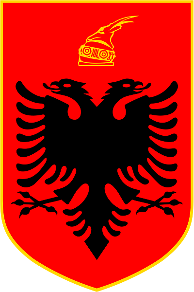 Albanian coat of arms featuring a black double-headed eagle on a red shield.