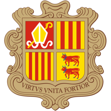 Coat of arms of Andorra with a motto, featuring a shield divided into four quarters with a mitre and staff, vertical stripes, and two cows.