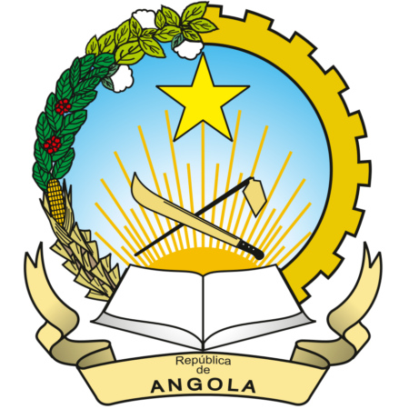 Coat of arms of Angola featuring a machete, a cogwheel, and a star above an open book, encircled by a half gear wheel and half laurel wreath.