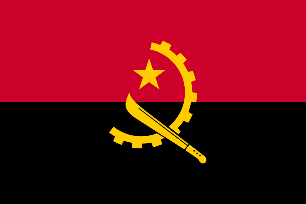 Flag of Angola with a red and black horizontal split and a yellow emblem consisting of a star, part of a cogwheel, and a machete.