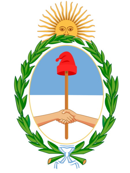 Coat of arms of Argentina featuring a sun at the top, a blue and white oval with a handshake, and laurel leaves surrounding the oval with a ribbon at the bottom.