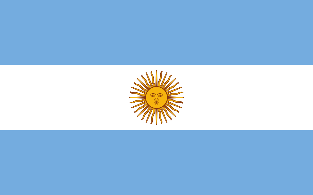 Flag of Argentina with light blue and white stripes and a sun with a face in the center.