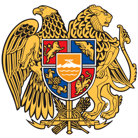 Coat of arms of Armenia featuring an eagle and a lion flanking a shield with Mount Ararat, an eagle, and a lion.