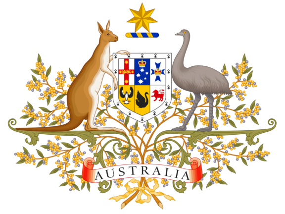 Australian Coat of Arms featuring a kangaroo and an emu on either side of a shield, with a star above and golden wattle branches below.