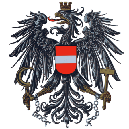 Coat of arms of Austria featuring a black eagle with a crown, a red and white shield, and broken chains, set against a white background.