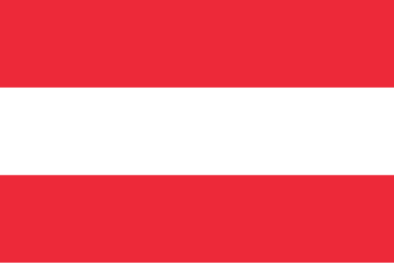 Flag of Austria consisting of three horizontal bands, with the top and bottom bands colored red and the middle band white.