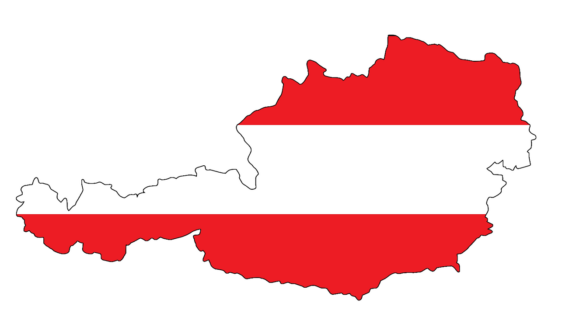 Outline of Austria's map filled with the Austrian flag, featuring horizontal red and white stripes.