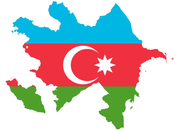 Map of Azerbaijan with the national flag overlaying the country's borders.