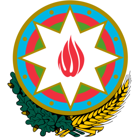 Emblem of Azerbaijan featuring an eight-pointed star with a flame in the center, surrounded by a wreath of oak and wheat on a colorful background.