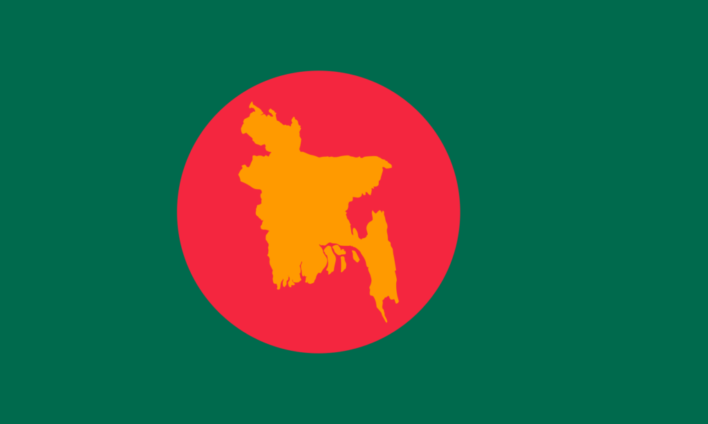 Flag of Bangladesh with a red circle in the center on a green field, featuring a golden map of Bangladesh within the circle.