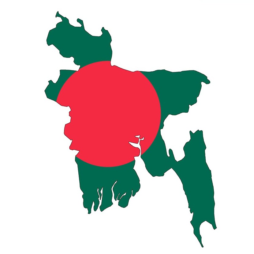 Map of Bangladesh in green with a red circle in the center, resembling the national flag.