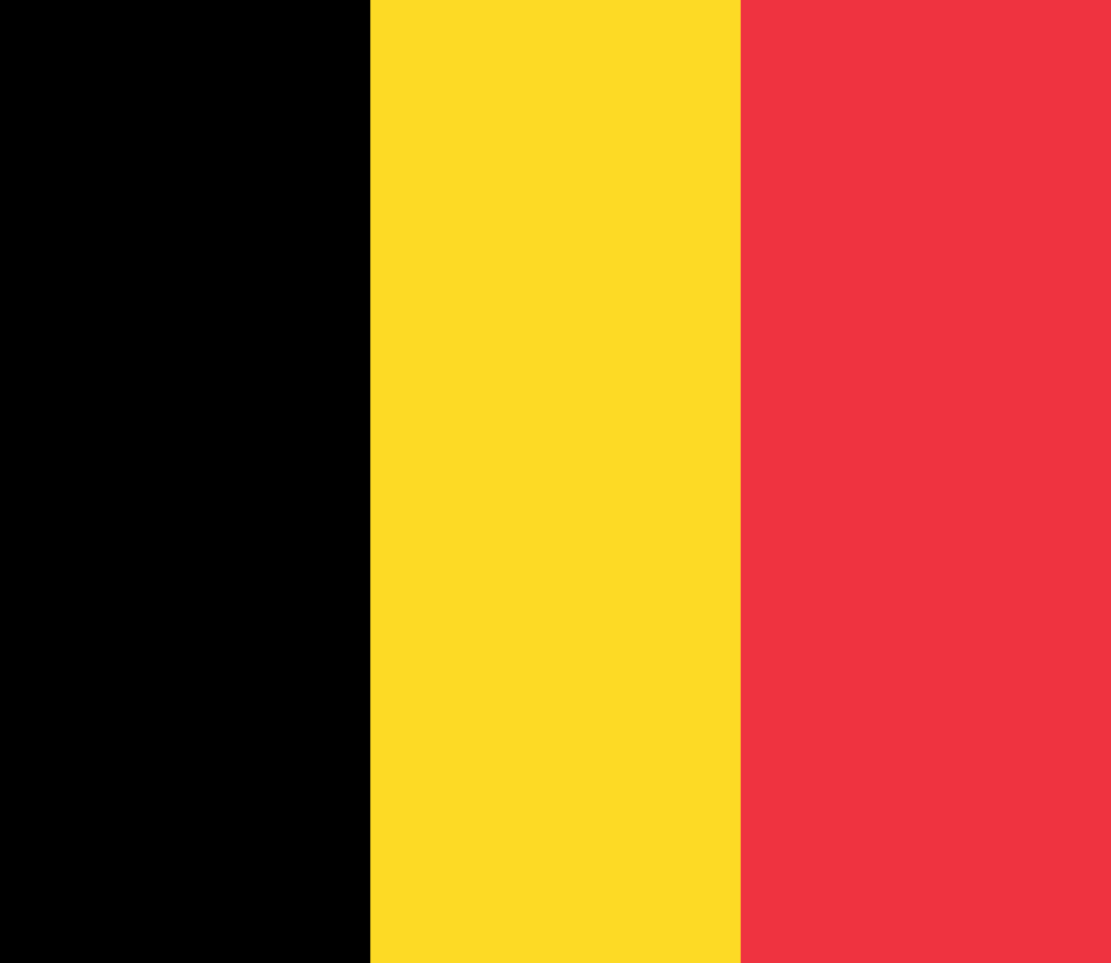 Flag of Belgium with three vertical stripes in black, yellow, and red from left to right.