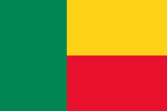 Flag of Benin with vertical green band on the left and horizontal yellow band above red band on the right.