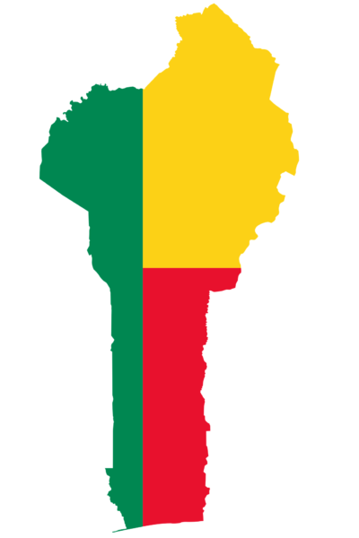 Map of Benin shaped with the national flag colors, yellow, green, and red.