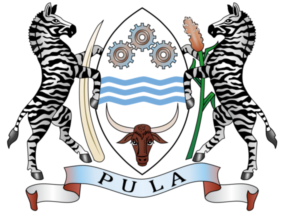 Coat of arms of Botswana featuring two zebras, a shield with blue and white wavy lines, a cogwheel, and spears, with a bull's head above and the motto "PULA" on a ribbon below.