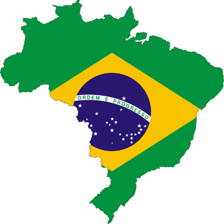 Map of Brazil with the Brazilian flag superimposed on it.